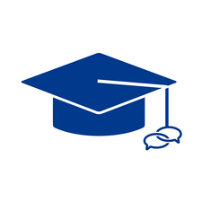 Logo of a mortarboard with two speech bubble icons all on top of a podium